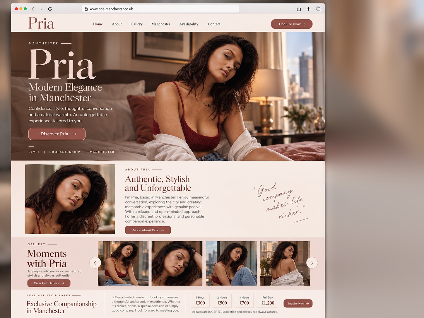 Example escort website design – Pria – Manchester