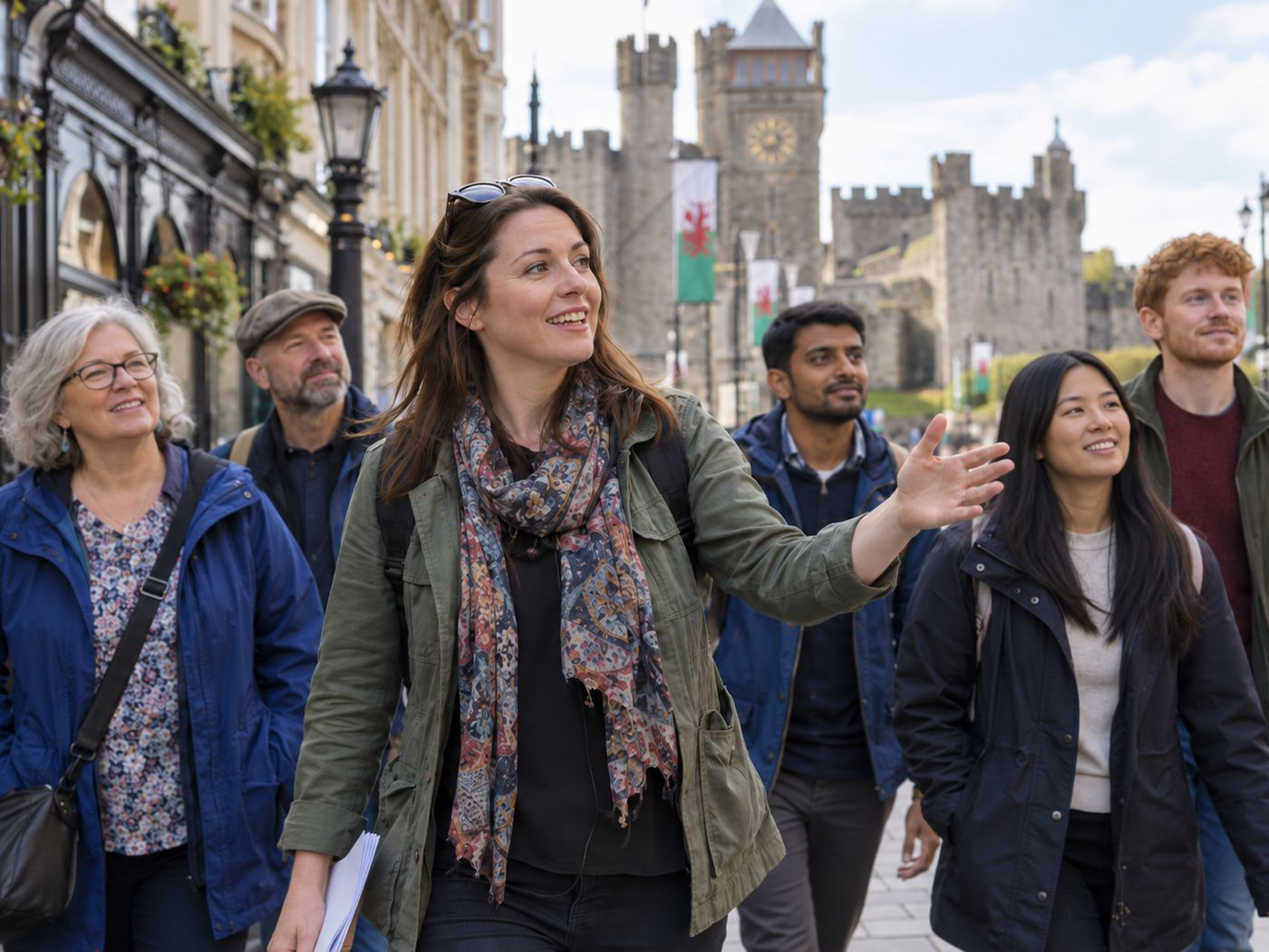 Kerry Jones leading a walking tour group past Cardiff Castle